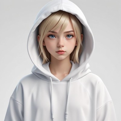 Young person in a white hoodie with light hair