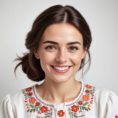 Smiling woman in embroidered blouse with natural makeup