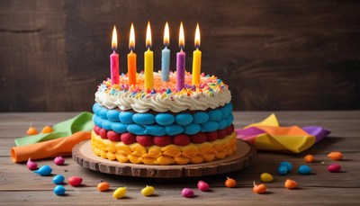 Colorful birthday cake with candles and sprinkles on table