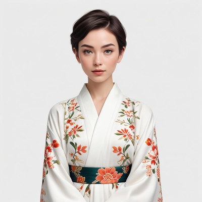 Elegant woman wearing kimono with floral designs in japan