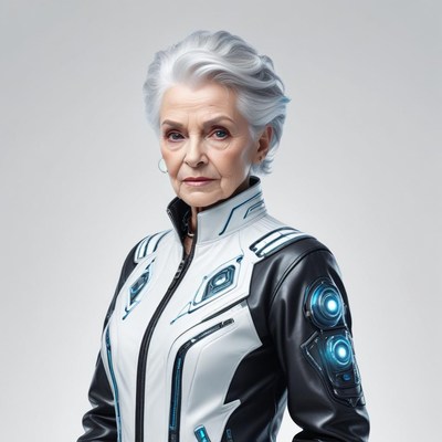 Elderly woman in futuristic outfit with high-tech design