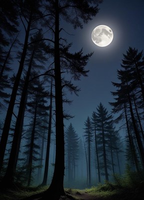 Bright full moon shining over dark forest at night