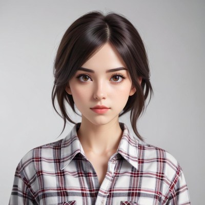 Young woman with dark hair wearing a plaid shirt