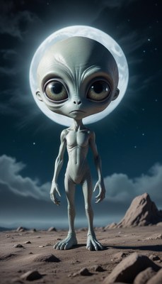 Alien creature stands under full moon on distant planet