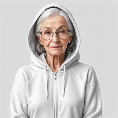 Elderly woman in glasses and white hoodie, standing