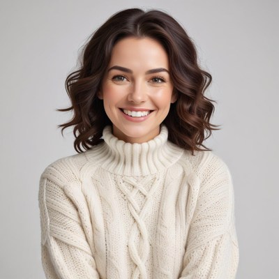Smiling woman in cozy sweater poses indoors