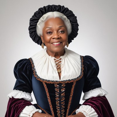 Elegant woman in historical dress posing in studio