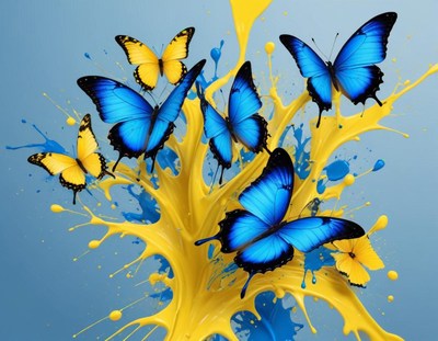 Butterflies fluttering around colorful paint splashes