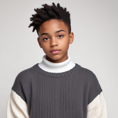 Stylish young boy poses in modern sweater indoors