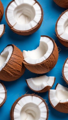 Fresh coconut halves scattered on a blue background