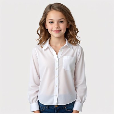 Smiling girl in white shirt poses for a relaxed photo