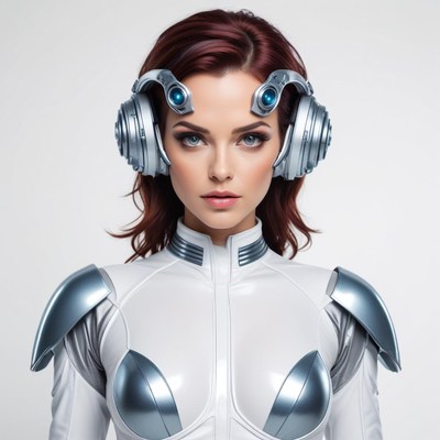 Futuristic woman with sci-fi headset in sleek attire