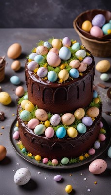 Colorful chocolate cake decorated for easter celebrations