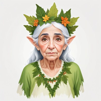 Elderly woman with leaves and flowers in her hair