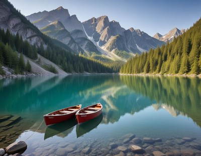 Calm lake with boats and mountain backdrop in morning