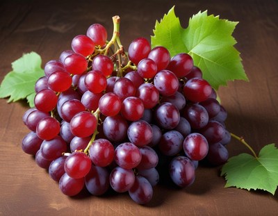 Fresh red grapes on a wooden table with green leaves