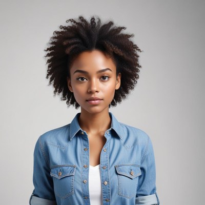 Natural hairstyle portrait of a young woman in denim shirt