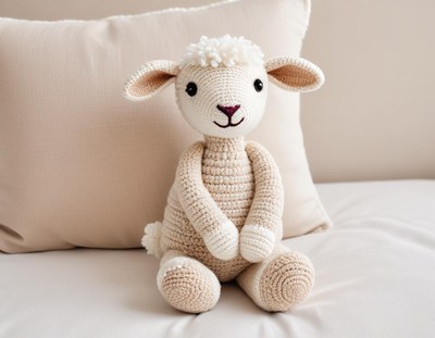 Crocheted sheep toy sits on a soft bed cushion