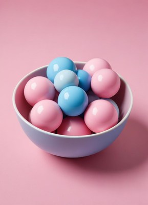 Colorful eggs in a bowl on a pink background