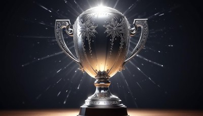 Shiny silver trophy with dramatic lighting and sparks