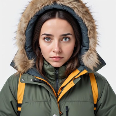 Young woman models warm winter jacket in snowy setting