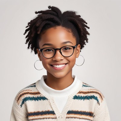 Young girl with glasses smiling warmly in cozy outfit