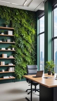 Modern office space with green wall and city view