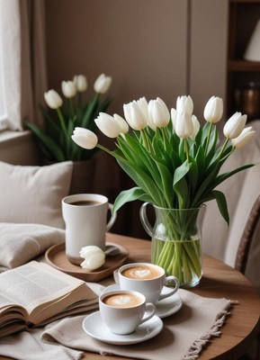 Enjoying coffee and tulips in a cozy cafe setting
