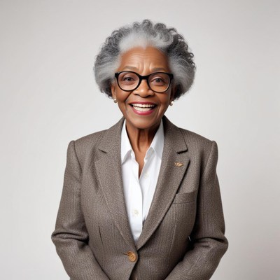 Joyful woman in suit with gray hair smiling brightly