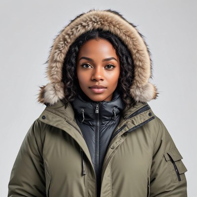 Woman wearing winter coat with fur hood in studio