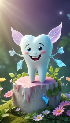 Friendly tooth fairy character in a colorful magical garden
