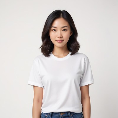 Model poses in plain white t-shirt against simple background