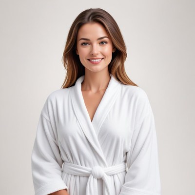 Woman in white robe smiling in a bright setting