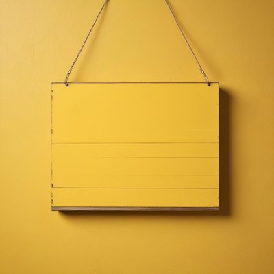 Bright yellow hanging sign against a solid wall