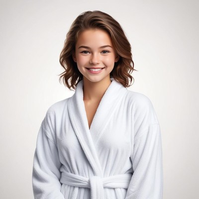 Smiling young woman in white robe with soft background