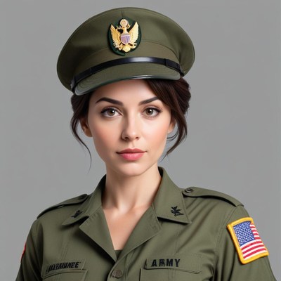 Young woman in military uniform with army cap