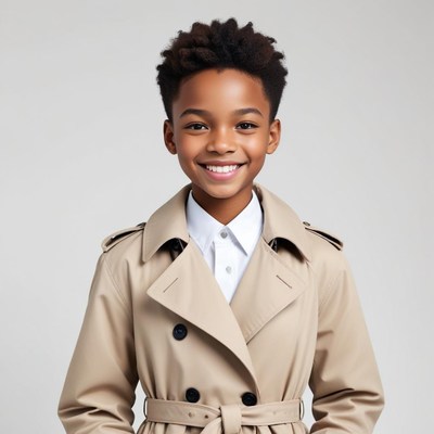 Stylish child in trench coat with cheerful expression