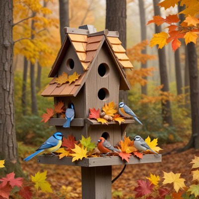 Colorful birds at a birdhouse in autumn forest