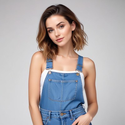 Young woman in denim overalls with stylish hair