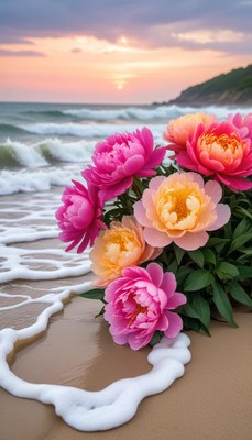 Beautiful peonies on sandy beach during sunset