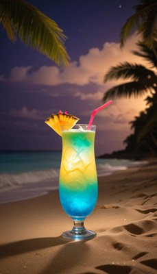 Refreshing tropical drink on a beach at sunset