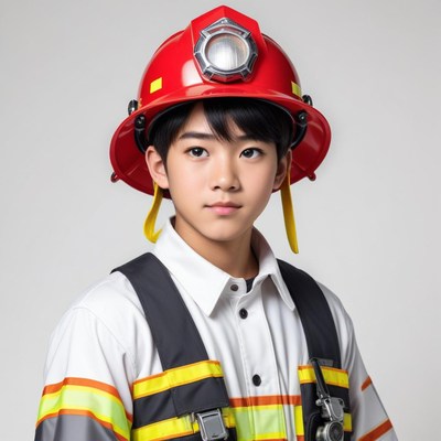 Young firefighter ready for action in bright uniform