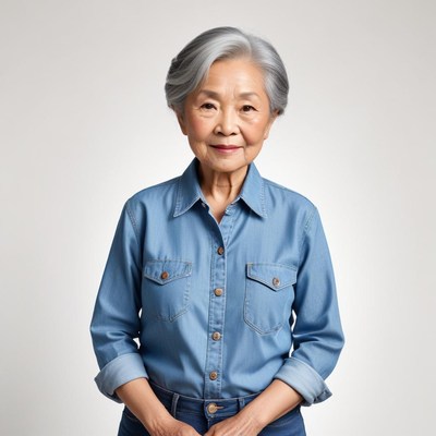 Elderly woman in denim shirt poses for studio portrait