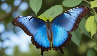 Colorful blue butterfly resting on green leaves
