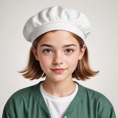 Young chef in white hat ready to cook at home