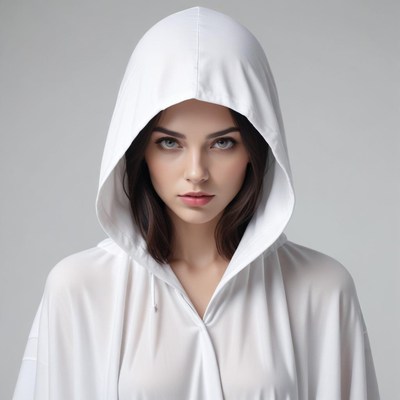 Mysterious woman in white hooded garment shows confidence