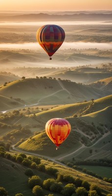 Hot air balloons drifting over rolling green hills