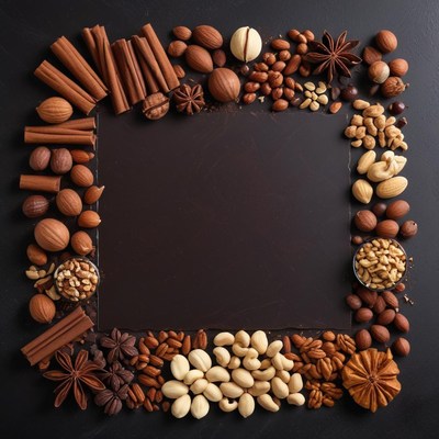 Deliciously arranged nuts and spices on a dark background