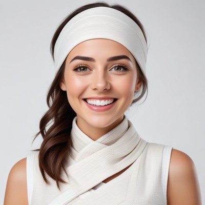 Smiling woman in white headband poses for a close-up