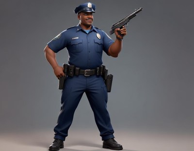 Police officer standing confidently with a firearm
